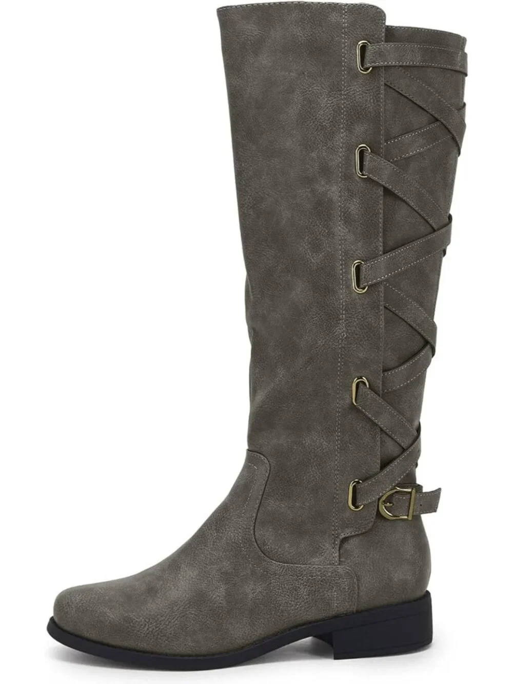 Women's Light Grey Faux Leather Strappy Motorcycle Lace Up Low Heel High Boots